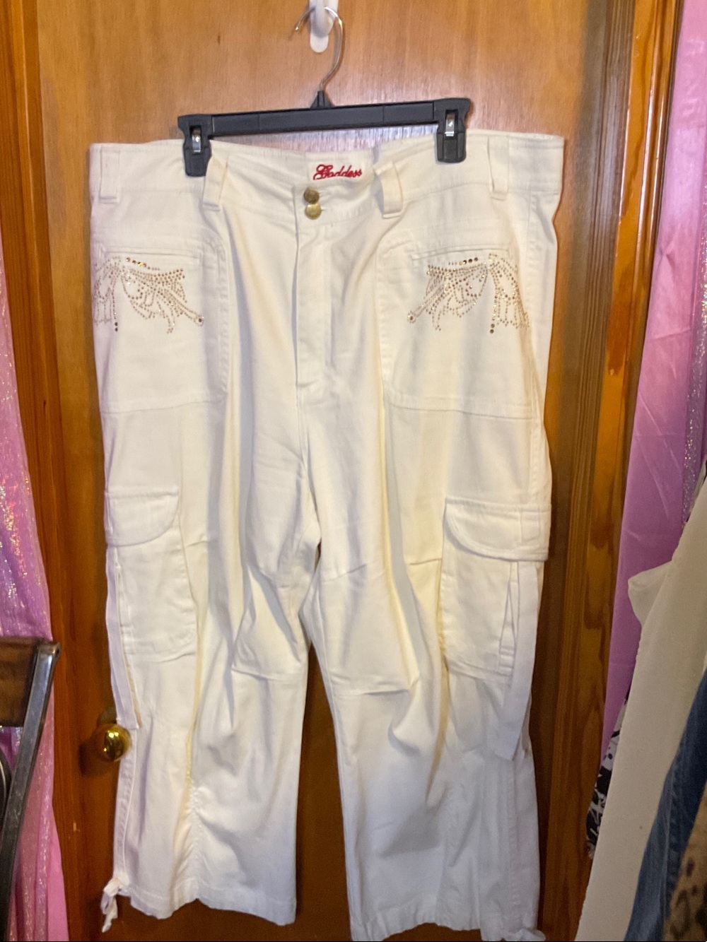 23 - Goddess Cream Boot-Cut Cargo Jeans with Rhinestone Accents